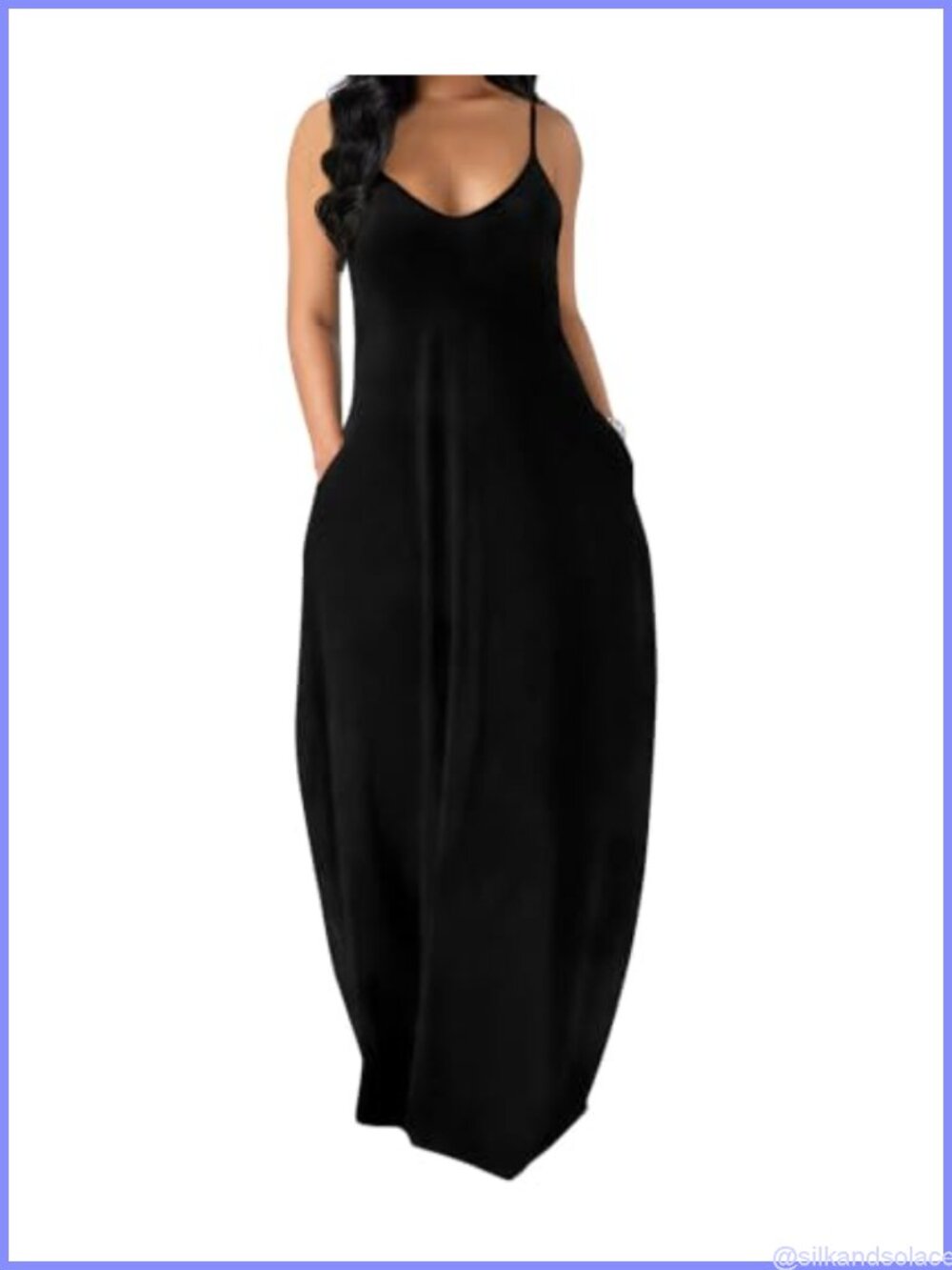 Women's Maxi Dress with Pockets, Adjustable Spaghetti Strap, V-Neck, A-Line,